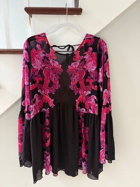 Free People Black Long Sleeve Tunic with Pink Floral Print